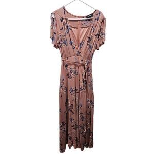 Lulu’s Pink Fiorire Rose Floral Print Wrap Long Maxi Dress Romantic XL